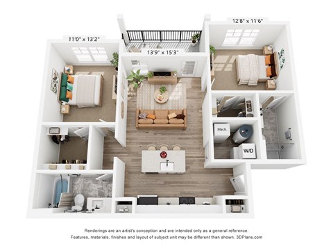 Floor plan for 2 beds, 2 baths, 1010 sqft